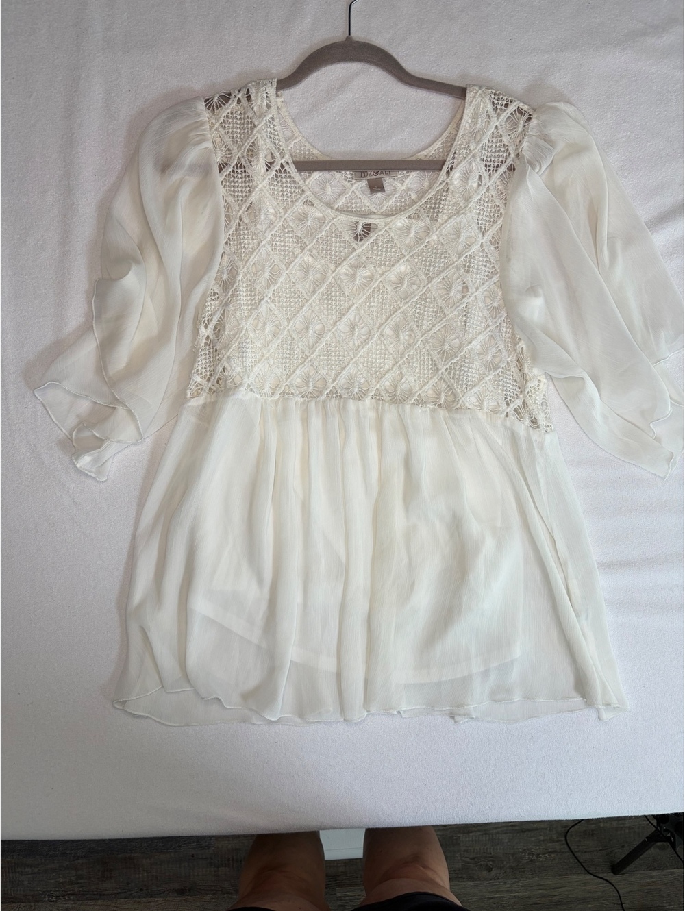 Vintage Roz & Ali Ivory Sheer Blouse with Lace Detail and Puff Sleeves